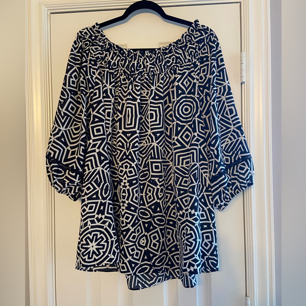 Navy and white tunic blouse